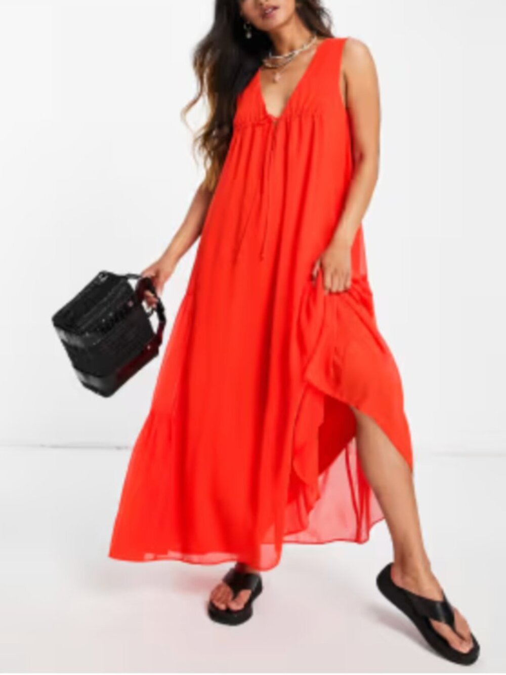 ASOS DESIGN sleeveless trapeze maxi dress with tie detail and side tiers